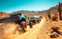 Experience the thrill of a baja race with trophy trucks dominating the dusty desert landscape.