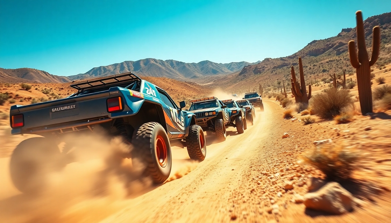 Experience the thrill of a baja race with trophy trucks dominating the dusty desert landscape.