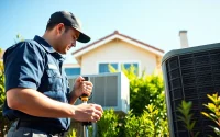 Receive expert Los Angeles HVAC services with a technician inspecting an air conditioning unit in a sunny setting.