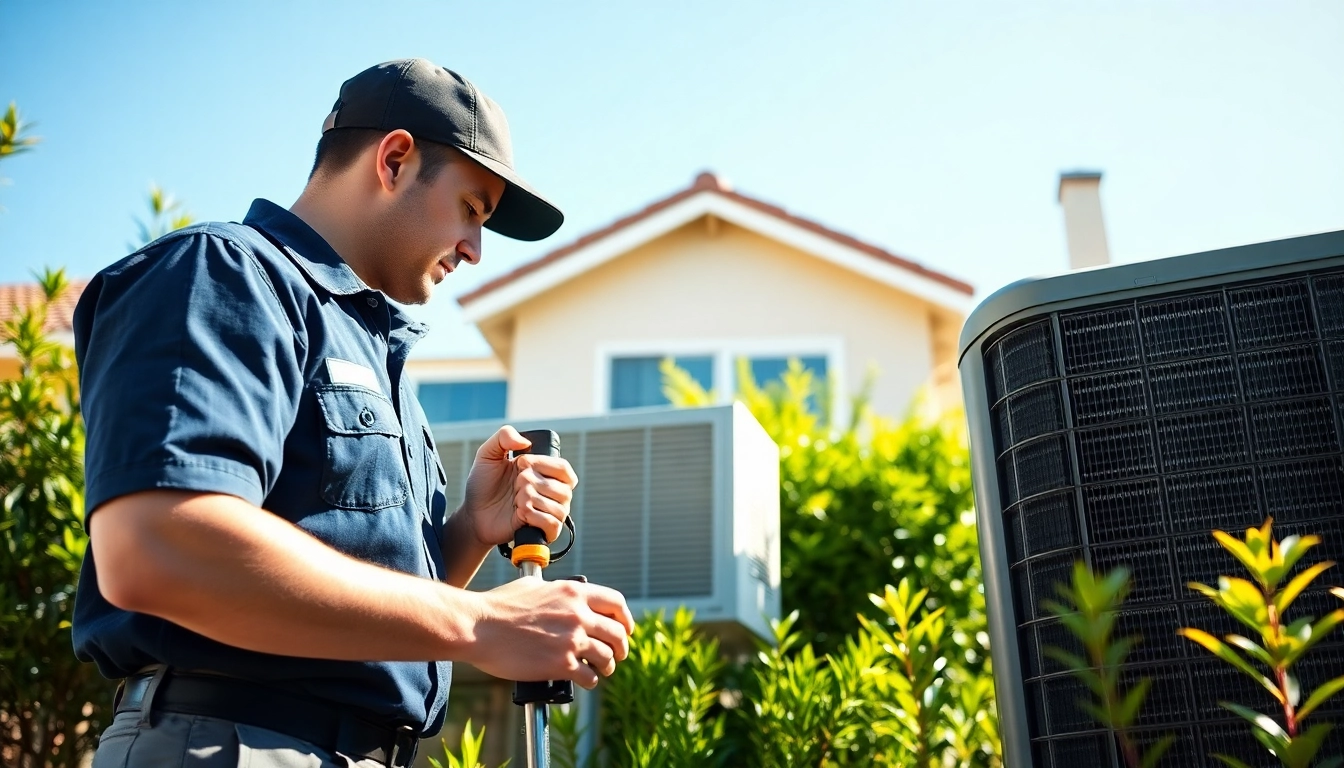 Receive expert Los Angeles HVAC services with a technician inspecting an air conditioning unit in a sunny setting.