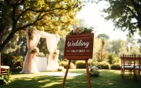 Showcase custom wedding signs with elegant design amidst a beautiful garden setting.