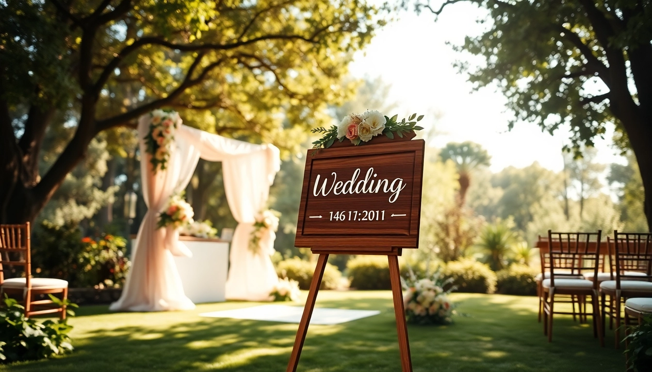 Showcase custom wedding signs with elegant design amidst a beautiful garden setting.