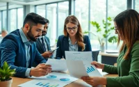 Analyze competitor pricing analysis data with a diverse business team in a modern office.