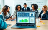Analyze Customer Loyalty Software features with business professionals in a bright workspace.