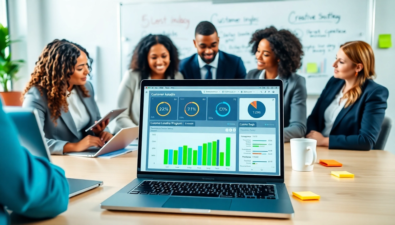 Analyze Customer Loyalty Software features with business professionals in a bright workspace.