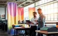 Engaged customer reviews options at an edmonton print shop showcasing vibrant printing materials.