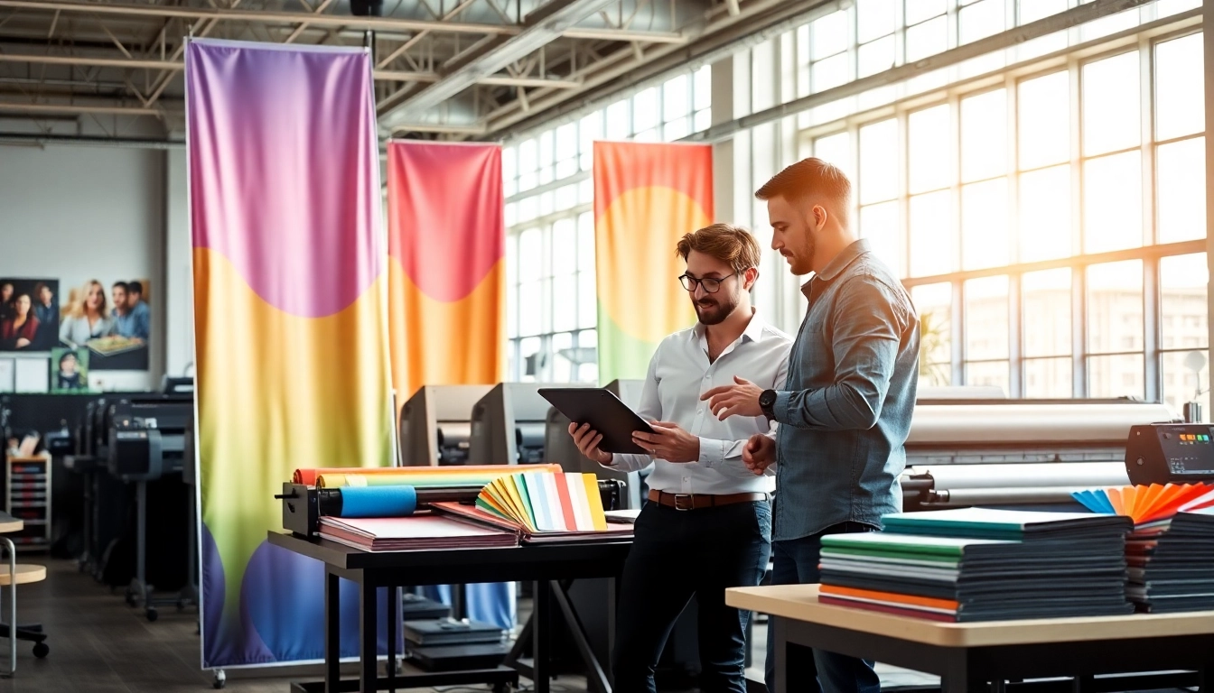 Engaged customer reviews options at an edmonton print shop showcasing vibrant printing materials.