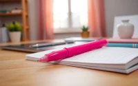 Highlighting text with a pink highlighter pen on an open notebook.