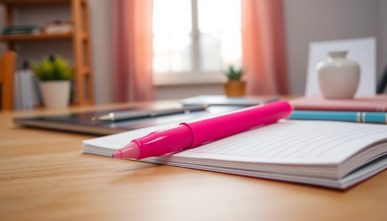 Highlighting text with a pink highlighter pen on an open notebook.