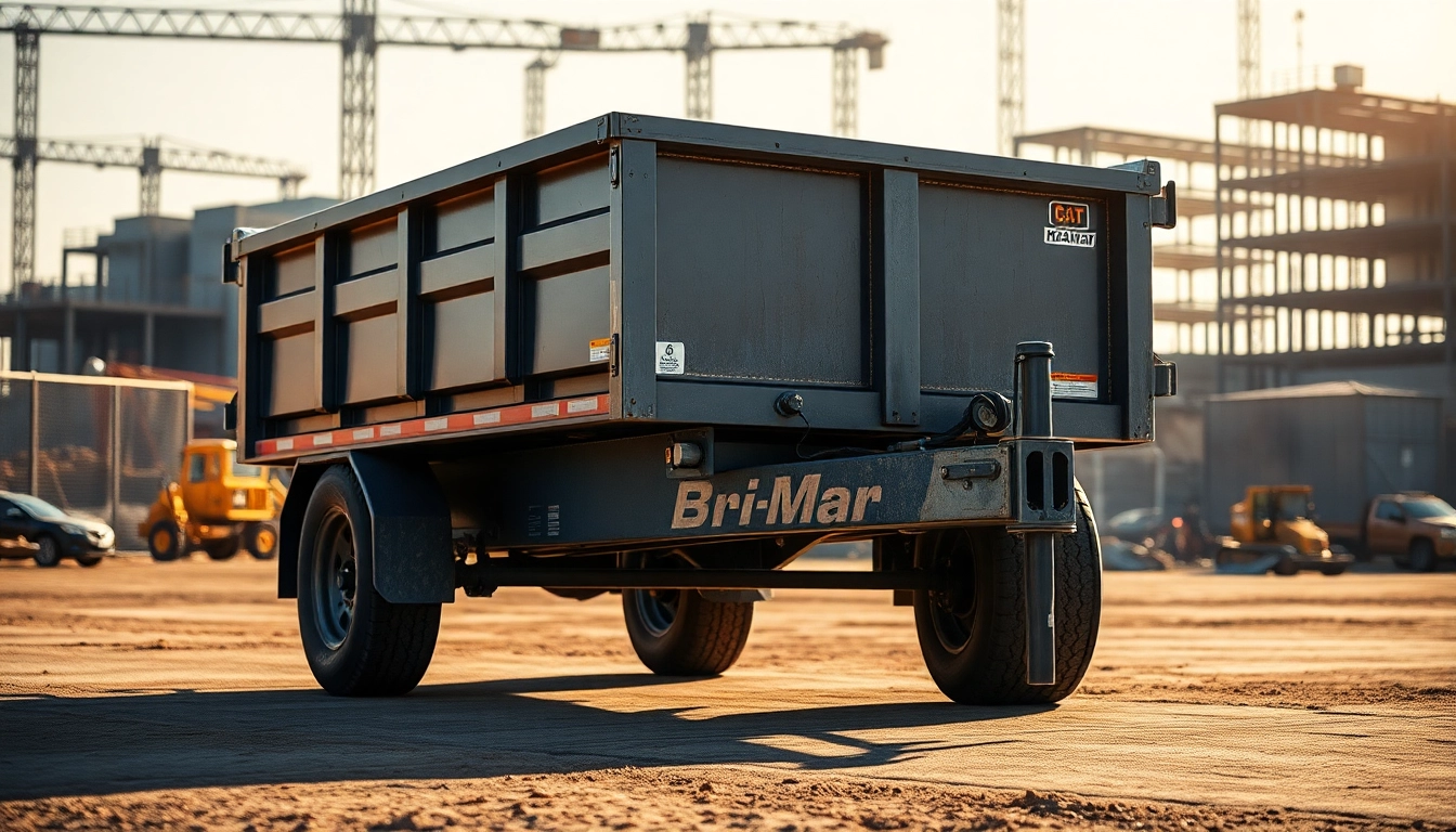 Bri-Mar trailers for sale near me, showcasing a rugged dump trailer in an industrial environment.