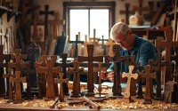 Artisan crafting handmade crosses in a warm and inviting workshop setting.