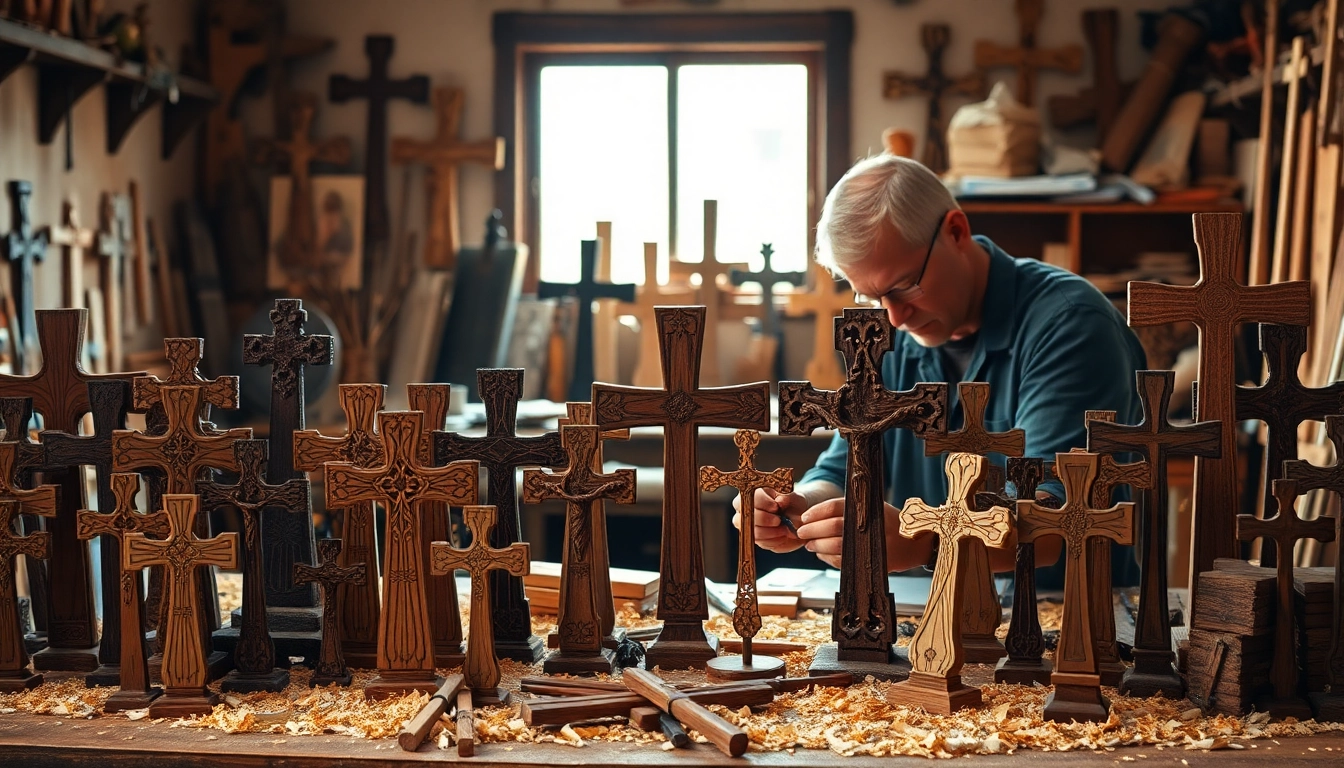 Artisan crafting handmade crosses in a warm and inviting workshop setting.
