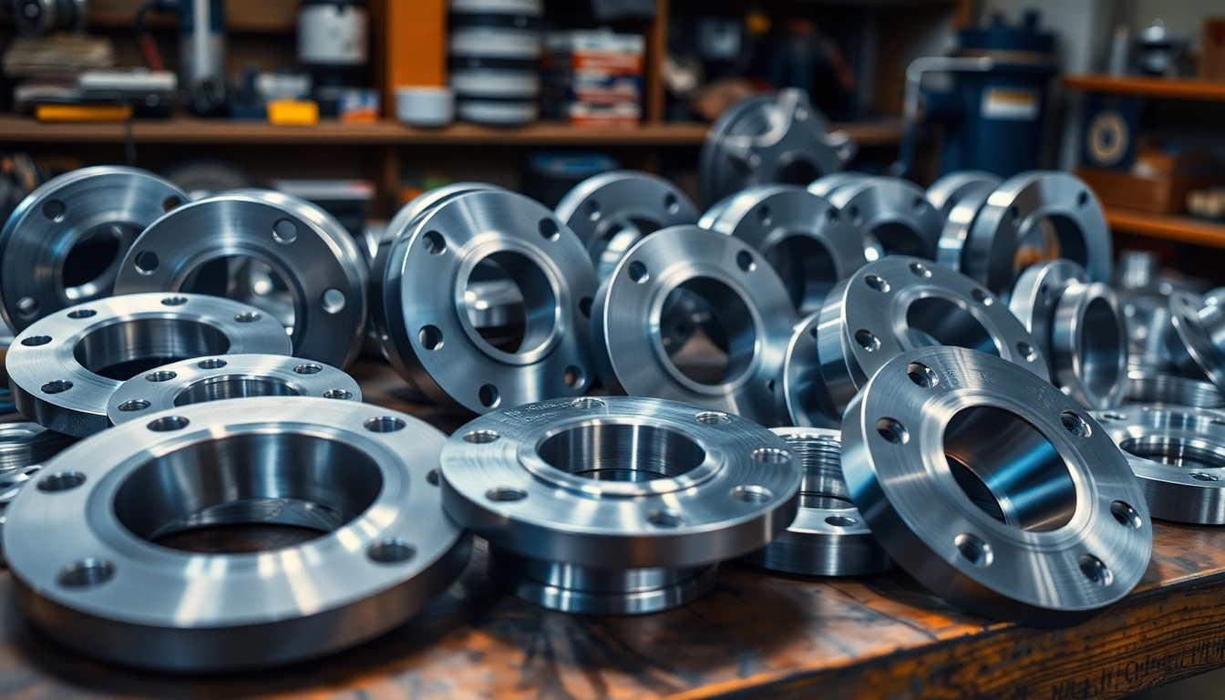 Show various types of flanges on a workshop table, highlighting their unique metallic textures and forms.
