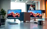 Buy MacStudio Ultra in a modern workspace featuring sleek design and vibrant graphics.