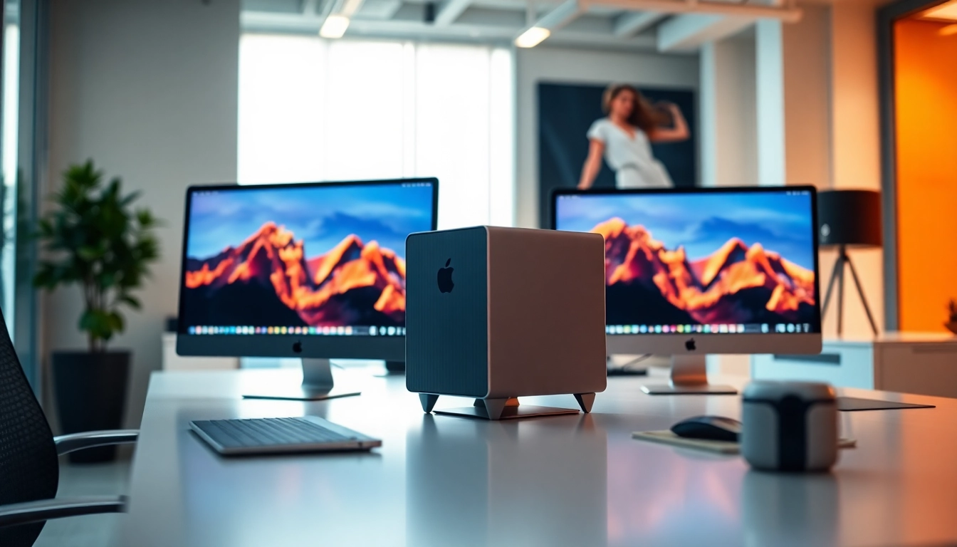 Buy MacStudio Ultra in a modern workspace featuring sleek design and vibrant graphics.