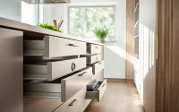 Sleek slim box drawer system in a modern kitchen, showcasing organized interiors and elegant design