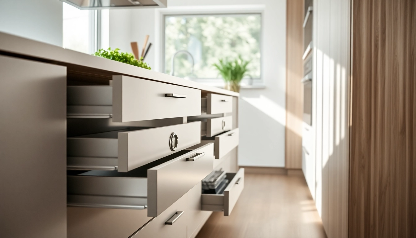 Sleek slim box drawer system in a modern kitchen, showcasing organized interiors and elegant design