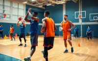Players engaged in basketball training programs emphasizing skill and technique during an energetic session.