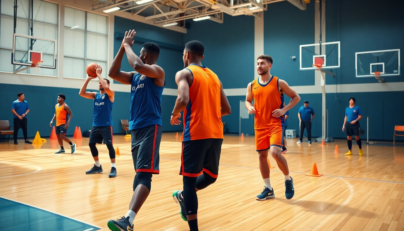 Players engaged in basketball training programs emphasizing skill and technique during an energetic session.