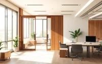 Stylish sliding partition wall located in a contemporary office environment for dynamic space use.