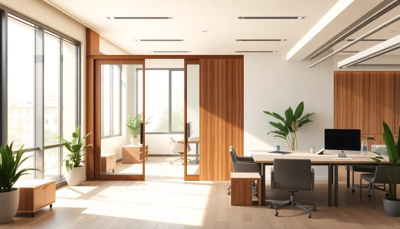 Stylish sliding partition wall located in a contemporary office environment for dynamic space use.