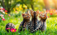 Playful Bengal kittens for sale in a vibrant garden, highlighting their unique fur patterns.