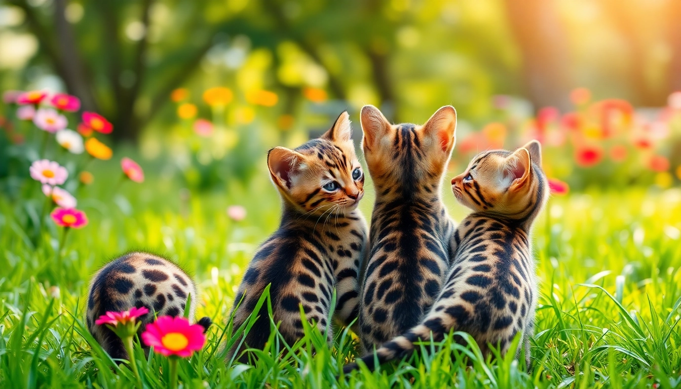 Playful Bengal kittens for sale in a vibrant garden, highlighting their unique fur patterns.