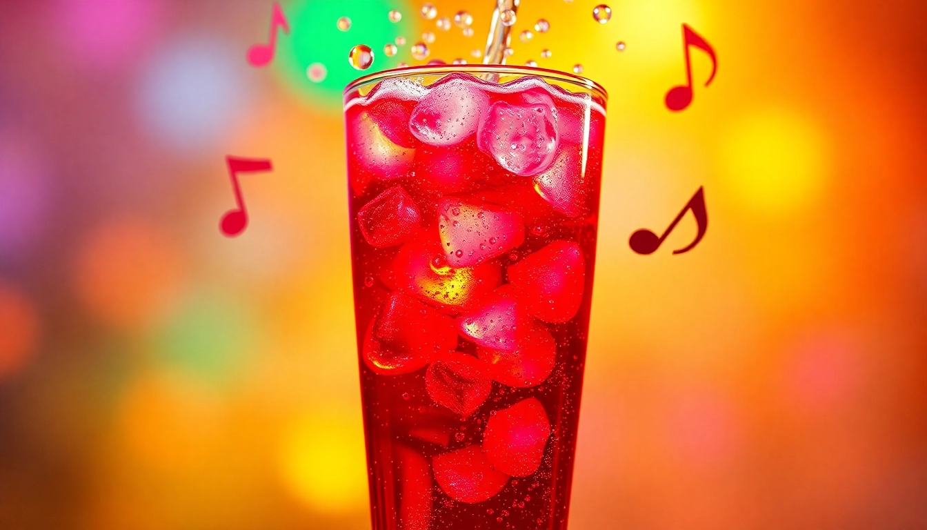 Enjoy 汽水音乐下载 with vibrant soda and musical notes creating a lively atmosphere.