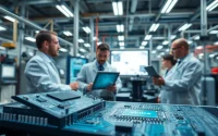 AMERICAN engineers collaborating in a microchip factory, highlighting innovation and teamwork.