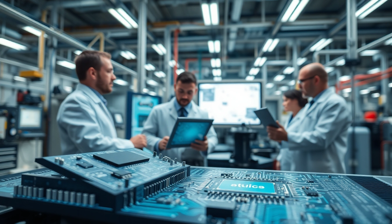 AMERICAN engineers collaborating in a microchip factory, highlighting innovation and teamwork.