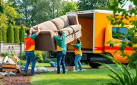 Junk removal service team efficiently clearing clutter from a residential yard.