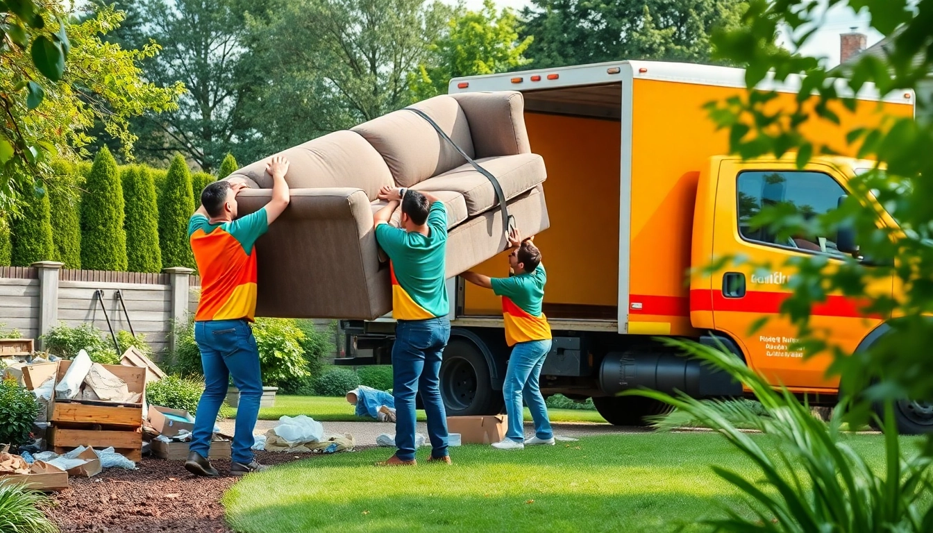 Junk removal service team efficiently clearing clutter from a residential yard.