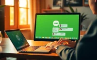 Download the 電腦版line下載 app while using a laptop in a cozy workspace.