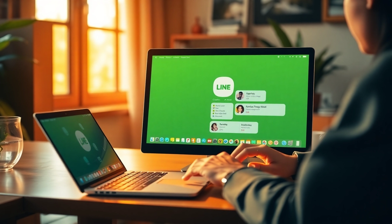 Download the 電腦版line下載 app while using a laptop in a cozy workspace.