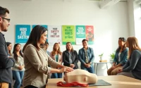 Employees engaged in workplace first aid training with hands-on CPR demonstration.