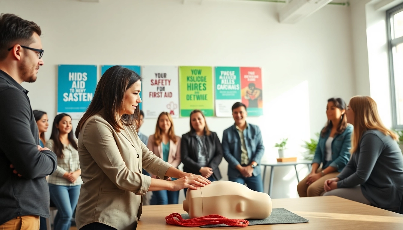 Employees engaged in workplace first aid training with hands-on CPR demonstration.