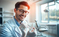 Orthodontics consultation showing a caring orthodontist in a modern clinic setting.
