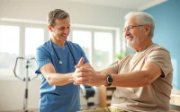 Senior physiotherapy Edmonton session with therapist guiding elderly client through exercises.