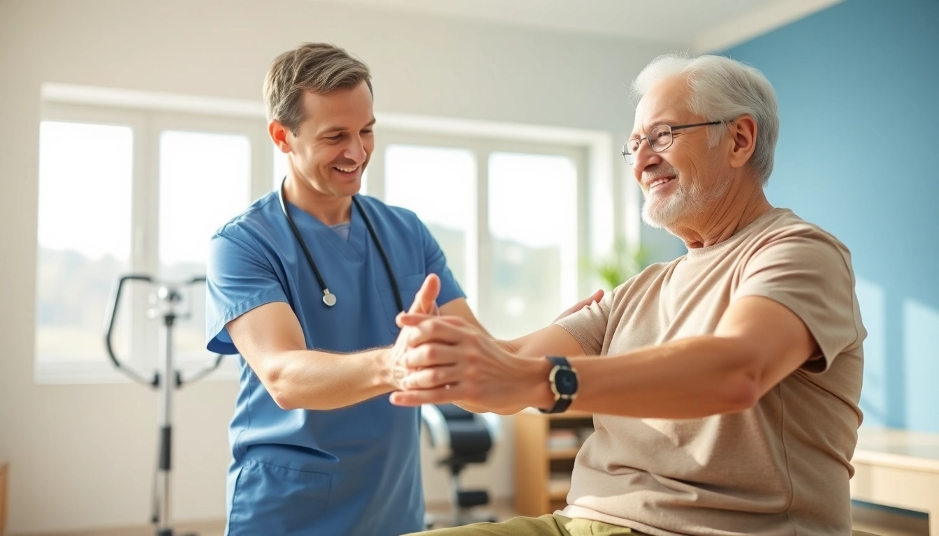 Senior physiotherapy Edmonton session with therapist guiding elderly client through exercises.