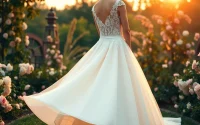 Model showcasing a stunning fit and flare wedding dress in a romantic garden setting.