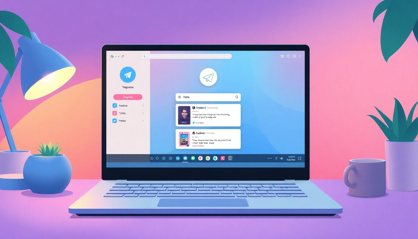 Explore Telegram電腦版 on a sleek laptop set in a stylish workspace, highlighting its user interface features.