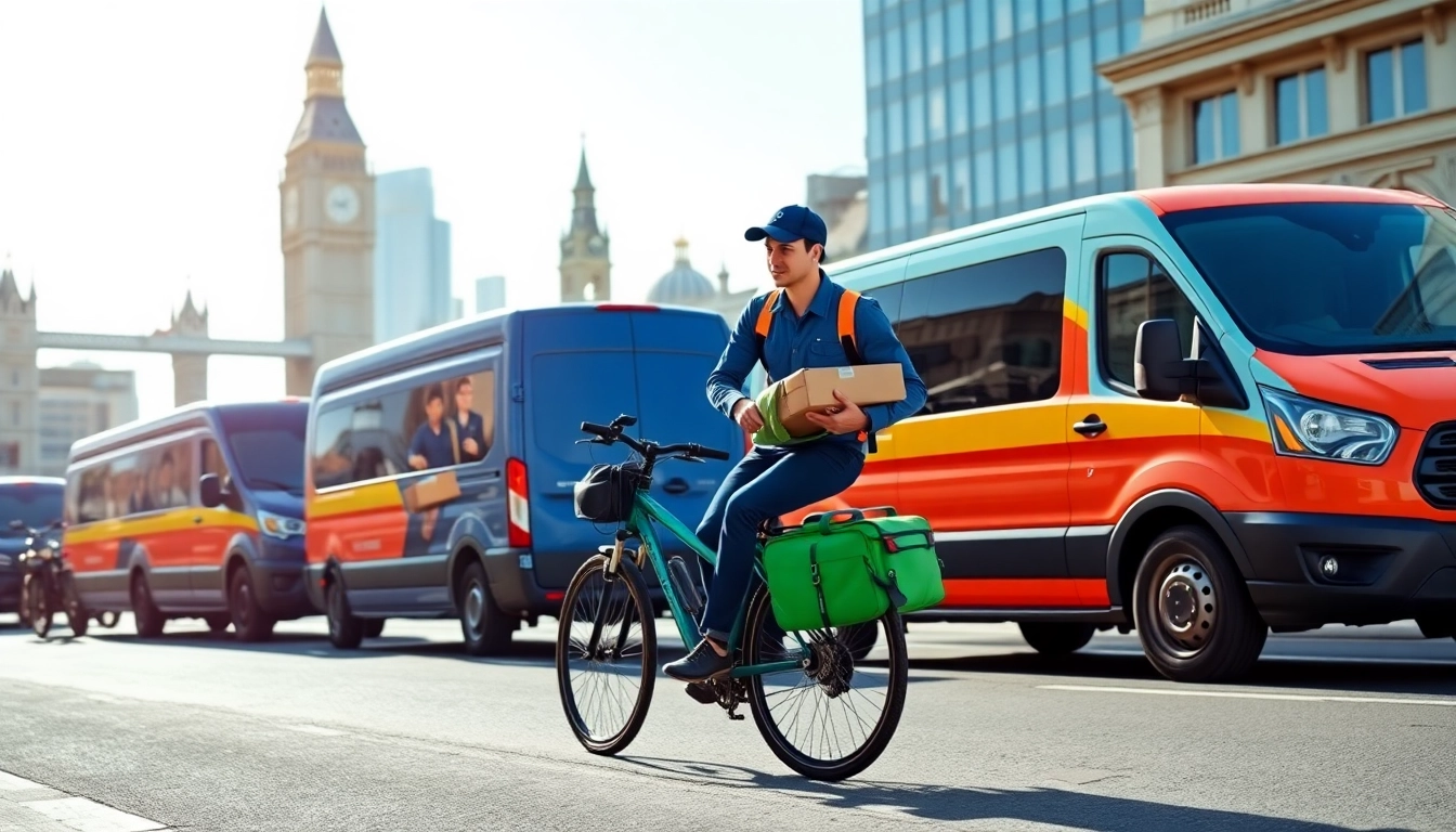 Fast same day courier service London delivering packages in a vibrant urban environment.