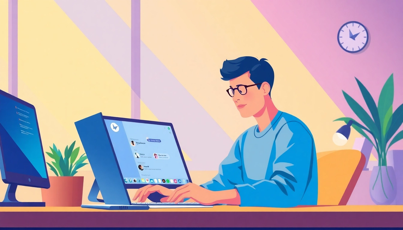 Illustration of a person using Telegram電腦版 in a productive workspace, highlighting connectivity and focus.