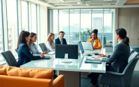 Professionals engaging in a trademark application discussion in a modern office