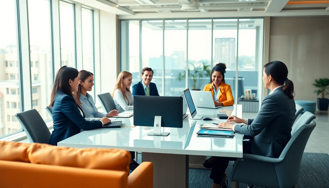 Professionals engaging in a trademark application discussion in a modern office