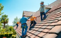 Showcasing residential roof replacement with professionals installing modern roofing materials.