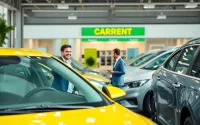 Find affordable cheap car rental deals with a customer inspecting a car at a rental agency.