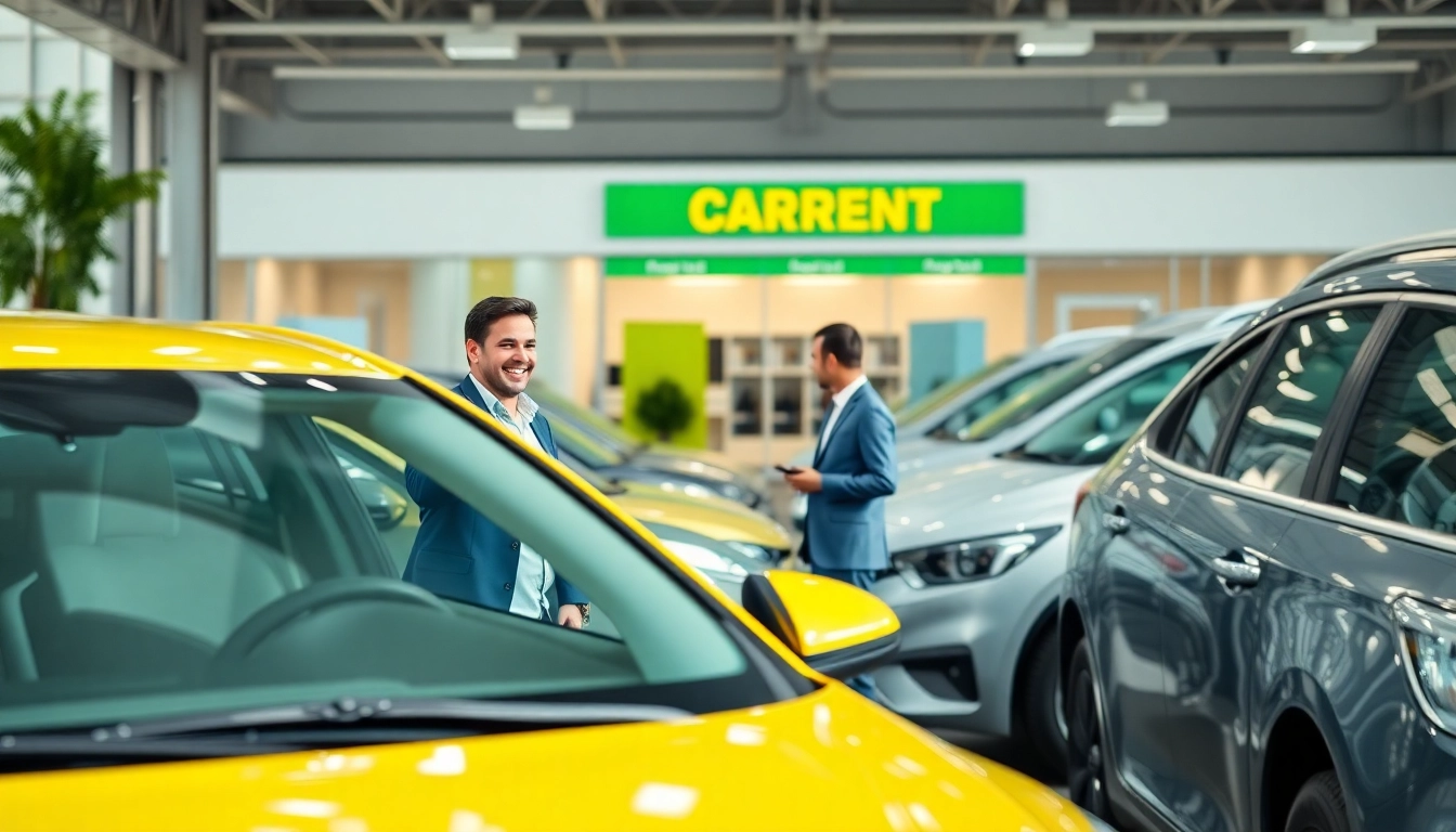 Find affordable cheap car rental deals with a customer inspecting a car at a rental agency.