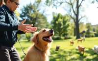 Engaging dog training session in Irvine, showcasing positive reinforcement techniques with a trainer and a golden retriever.