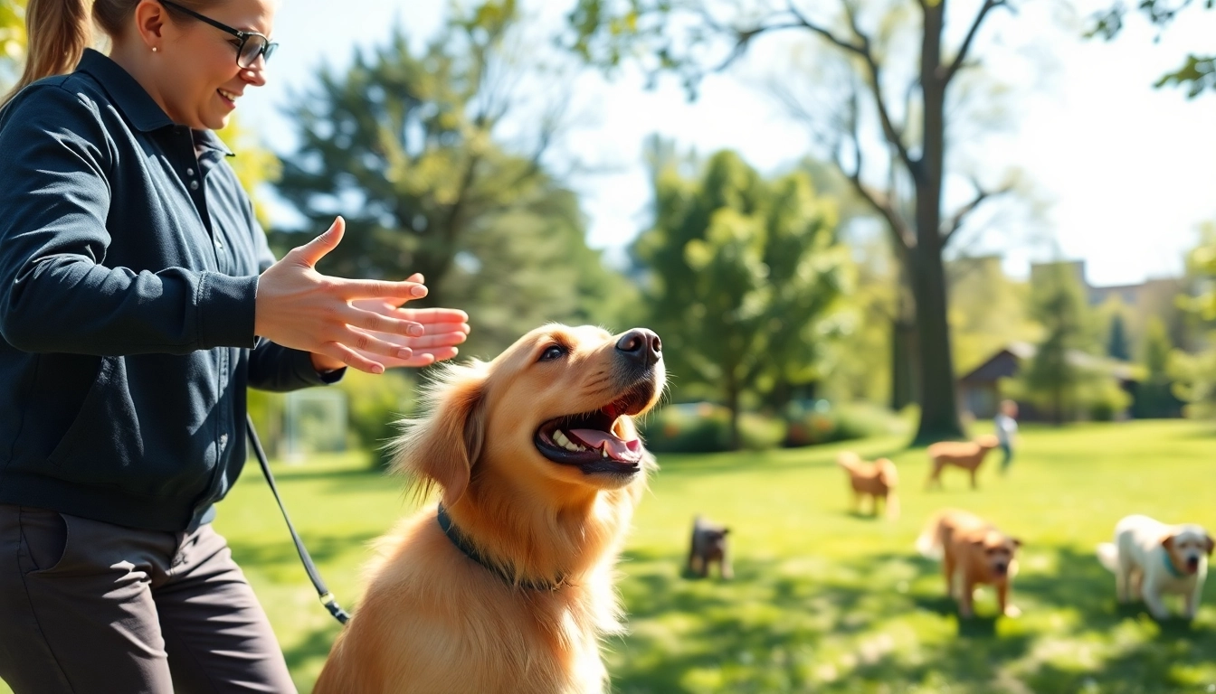 Engaging dog training session in Irvine, showcasing positive reinforcement techniques with a trainer and a golden retriever.